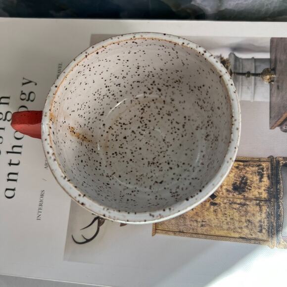 Studio Art Pottery Hand Thrown Mug 3" Speckled White Black Unique Orange Handle - Picture 5 of 12